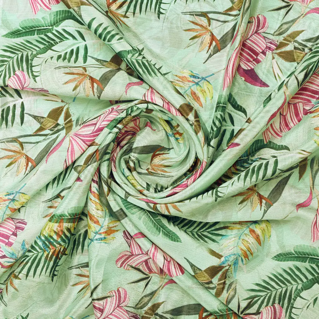 Sea Green Tropical Floral & Leaf Print Chinon Fabric - Image 3