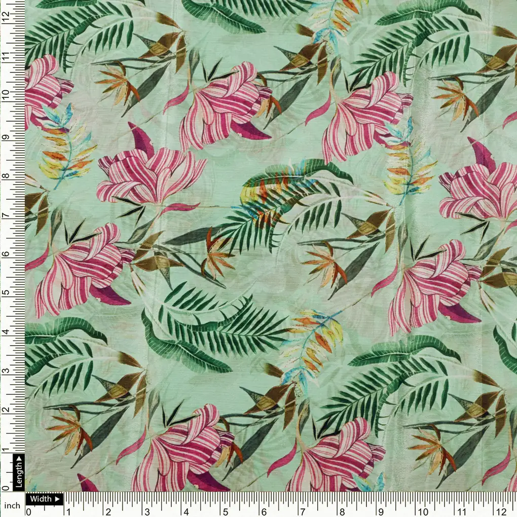 Sea Green Tropical Floral & Leaf Print Chinon Fabric - Image 4
