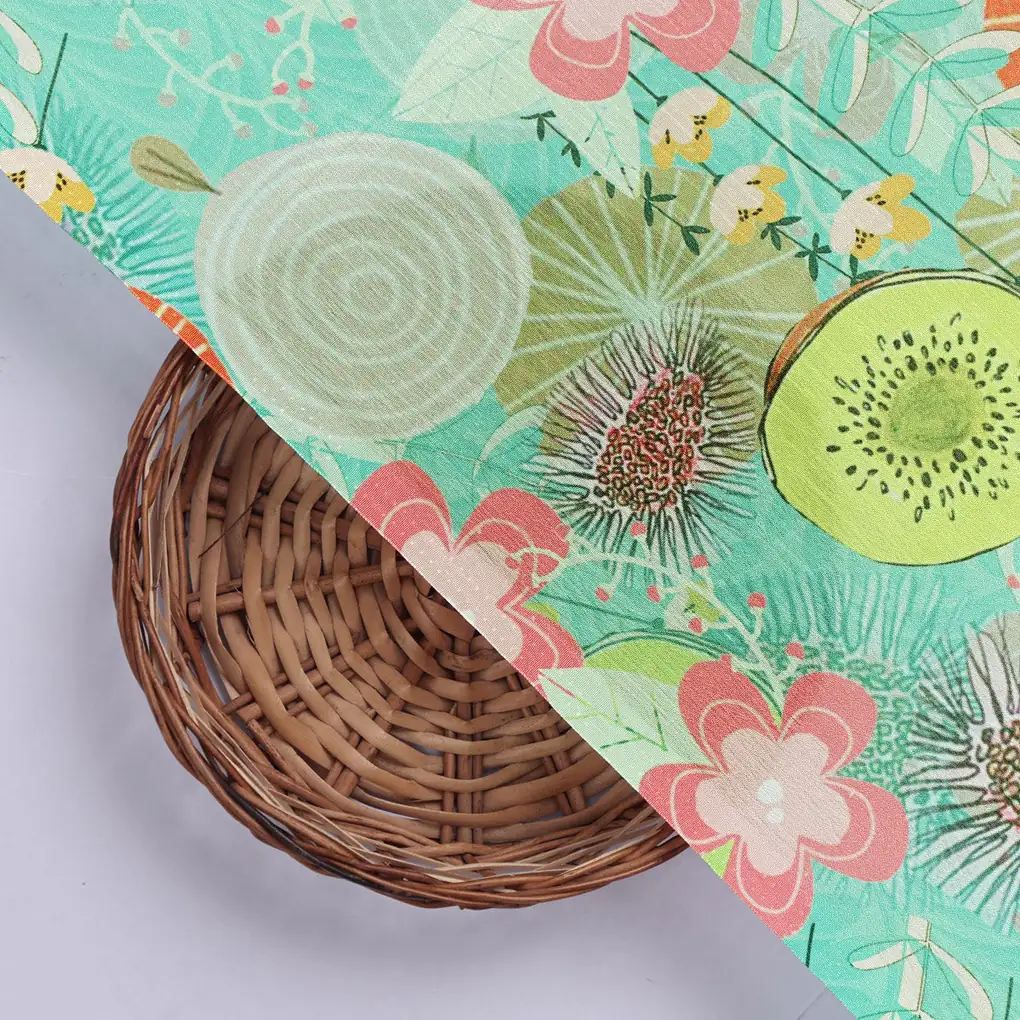 Sea Green Tropical Fruit & Floral Print Chinon Fabric - Image 2