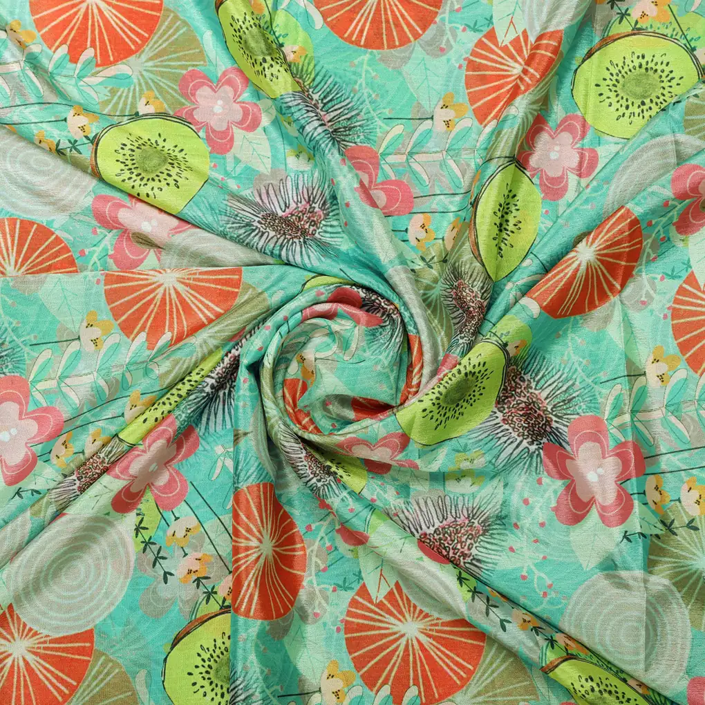 Sea Green Tropical Fruit & Floral Print Chinon Fabric - Image 3