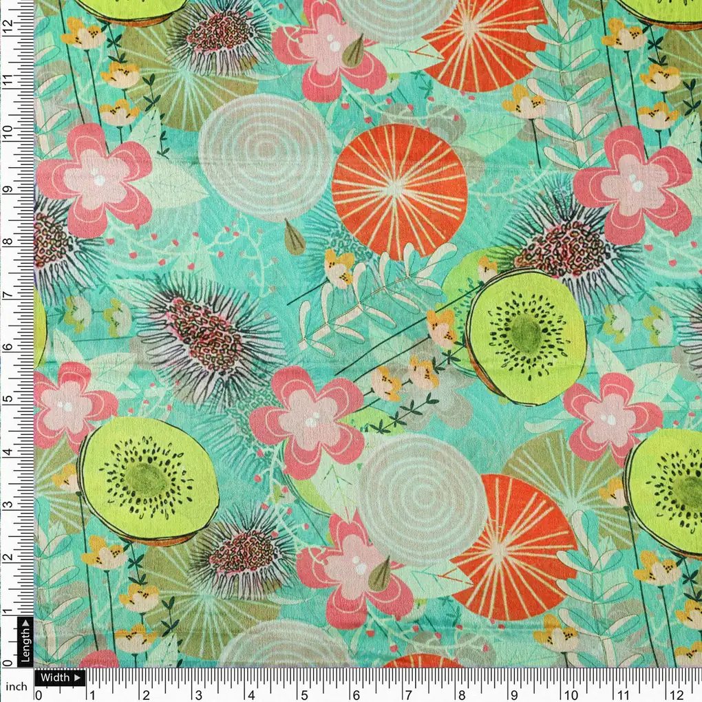 Sea Green Tropical Fruit & Floral Print Chinon Fabric - Image 4