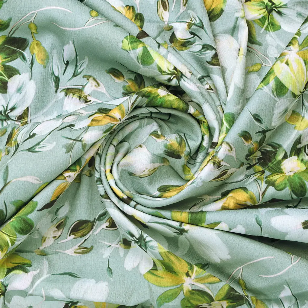 Sea Green & White Floral Printed Premium Polyester Fabric - Image 2