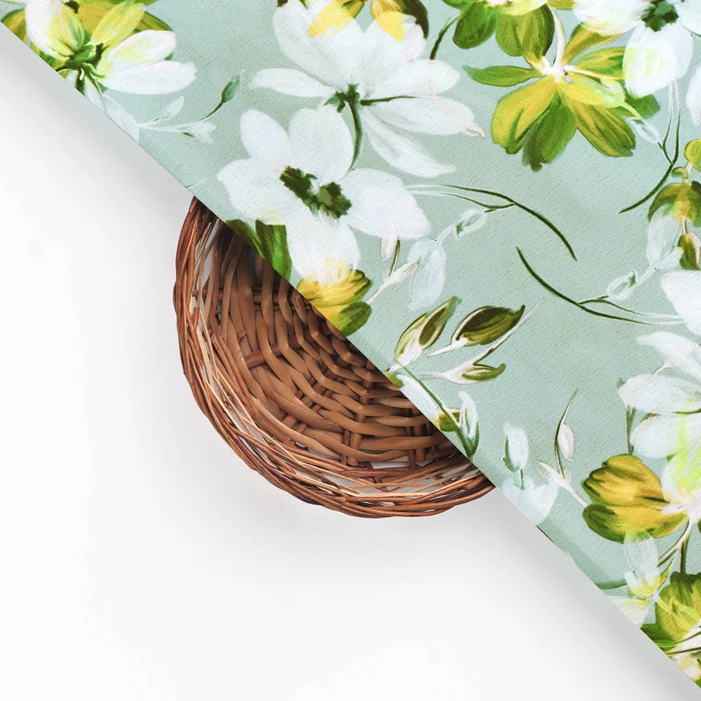 Sea Green & White Floral Printed Premium Polyester Fabric - Image 3