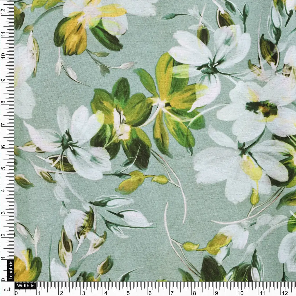 Sea Green & White Floral Printed Premium Polyester Fabric - Image 4
