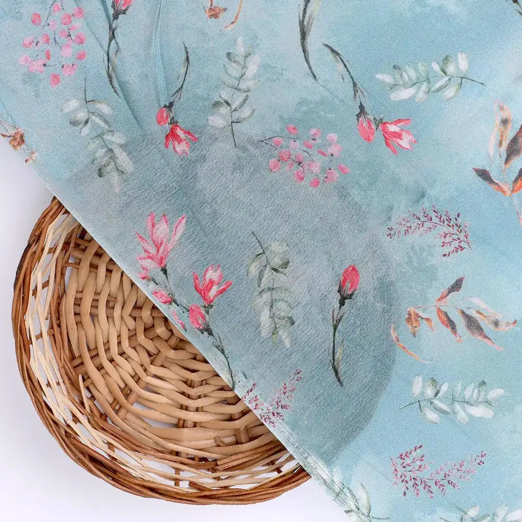 Green Leaves Pure Muslin Printed Fabric Material - Image 2