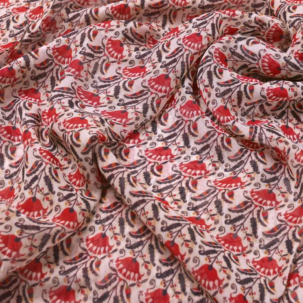 Seamless Opposite Red Flower Pattern Digital Printed Fabric - Pure Georgette - Image 3