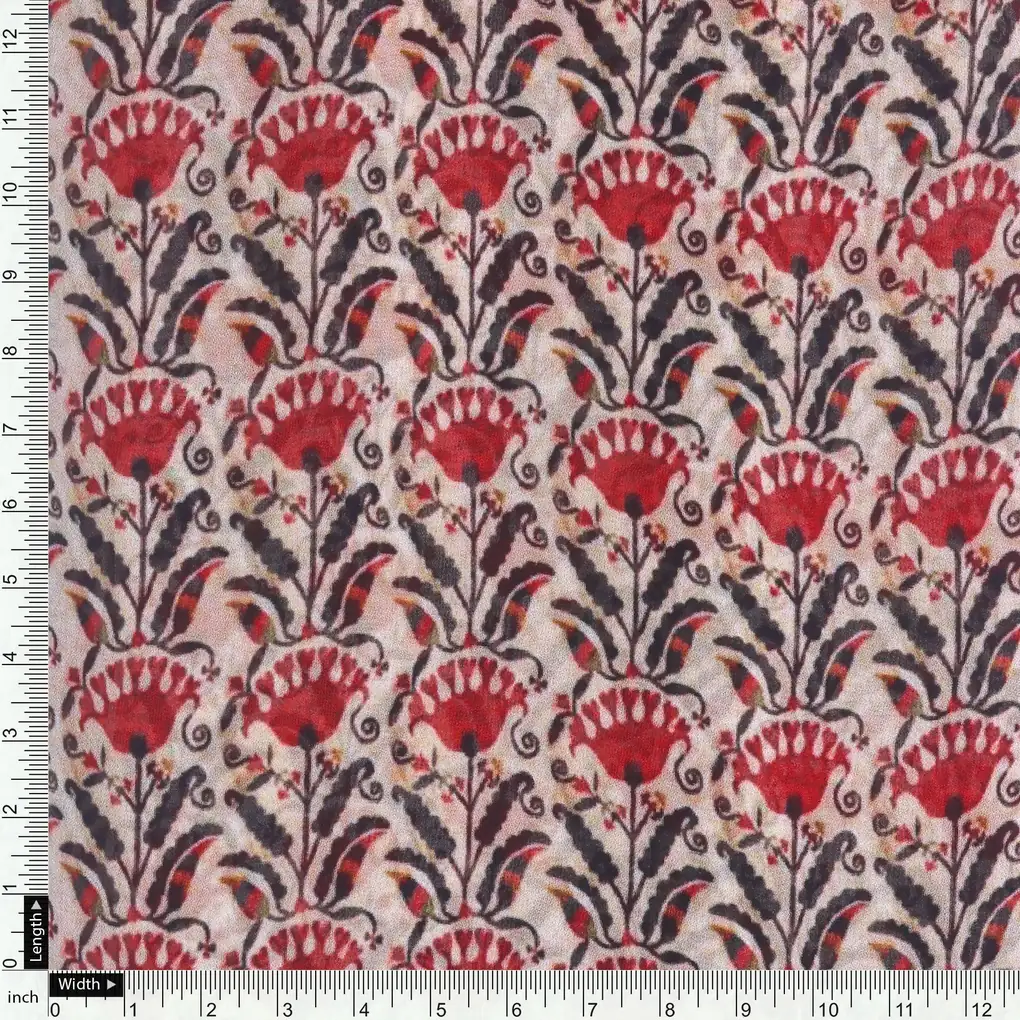 Seamless Opposite Red Flower Pattern Digital Printed Fabric - Pure Georgette - Image 4