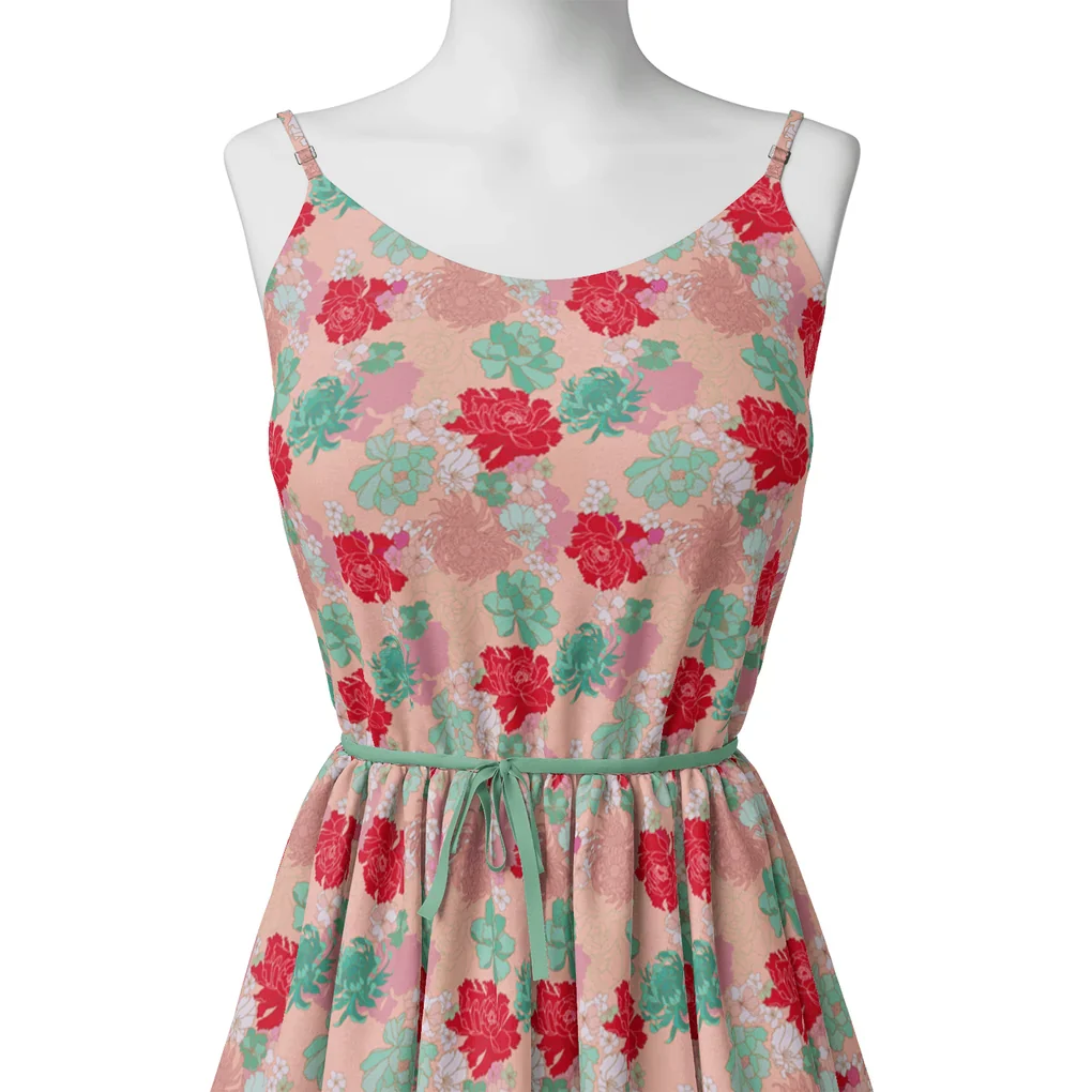 Seamless Red And Pista Roses With Geranium Flower Digital Printed Fabric - Image 2