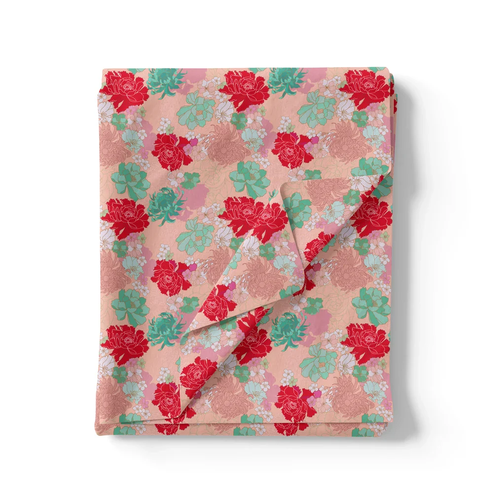 Seamless Red And Pista Roses With Geranium Flower Digital Printed Fabric - Image 3
