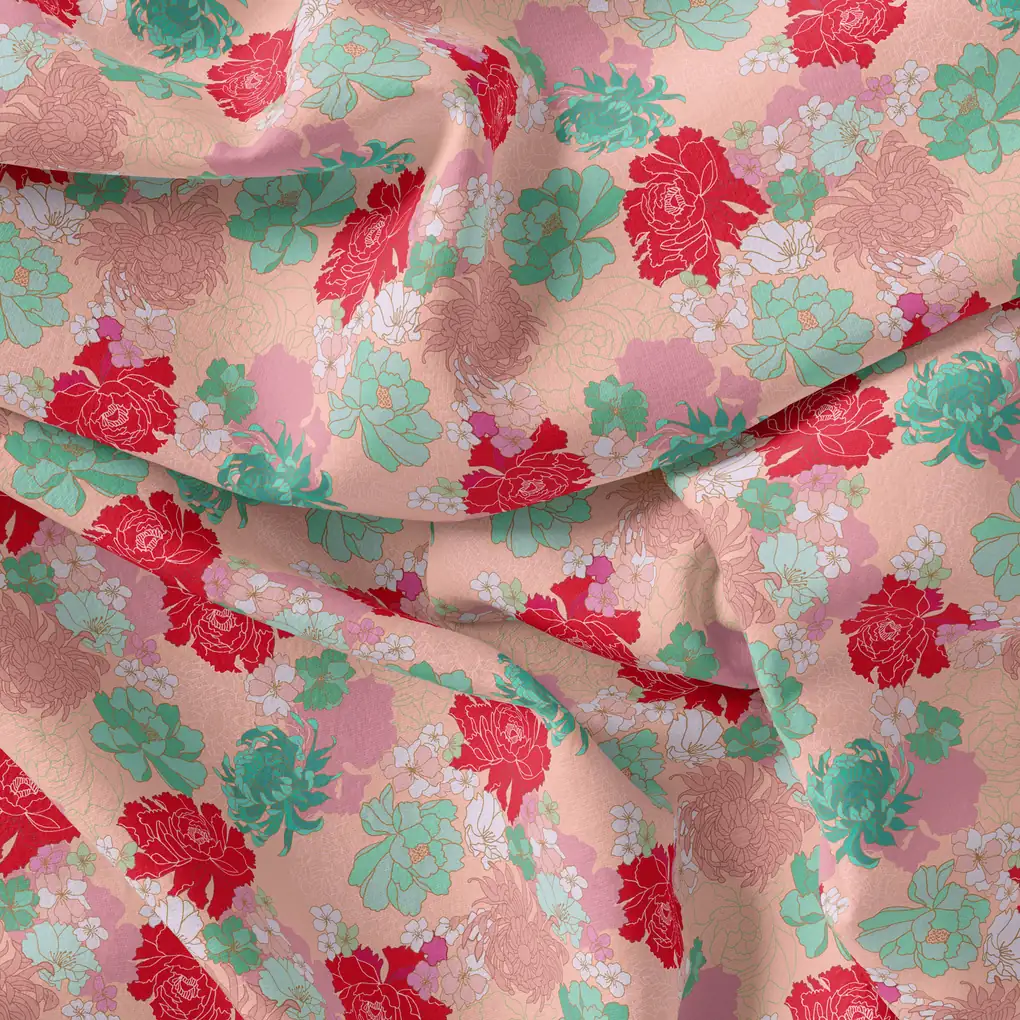 Seamless Red And Pista Roses With Geranium Flower Digital Printed Fabric - Image 4