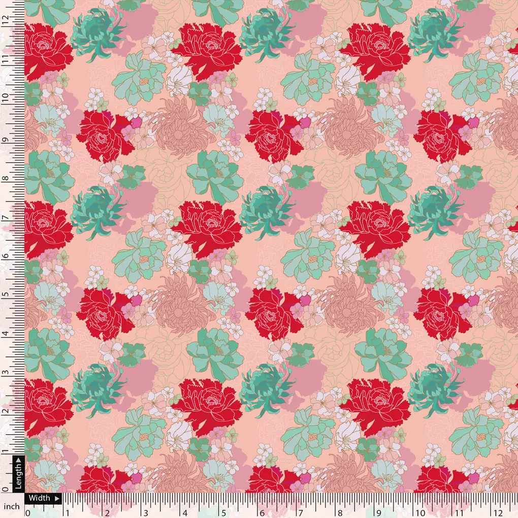 Seamless Red And Pista Roses With Geranium Flower Digital Printed Fabric - Image 5