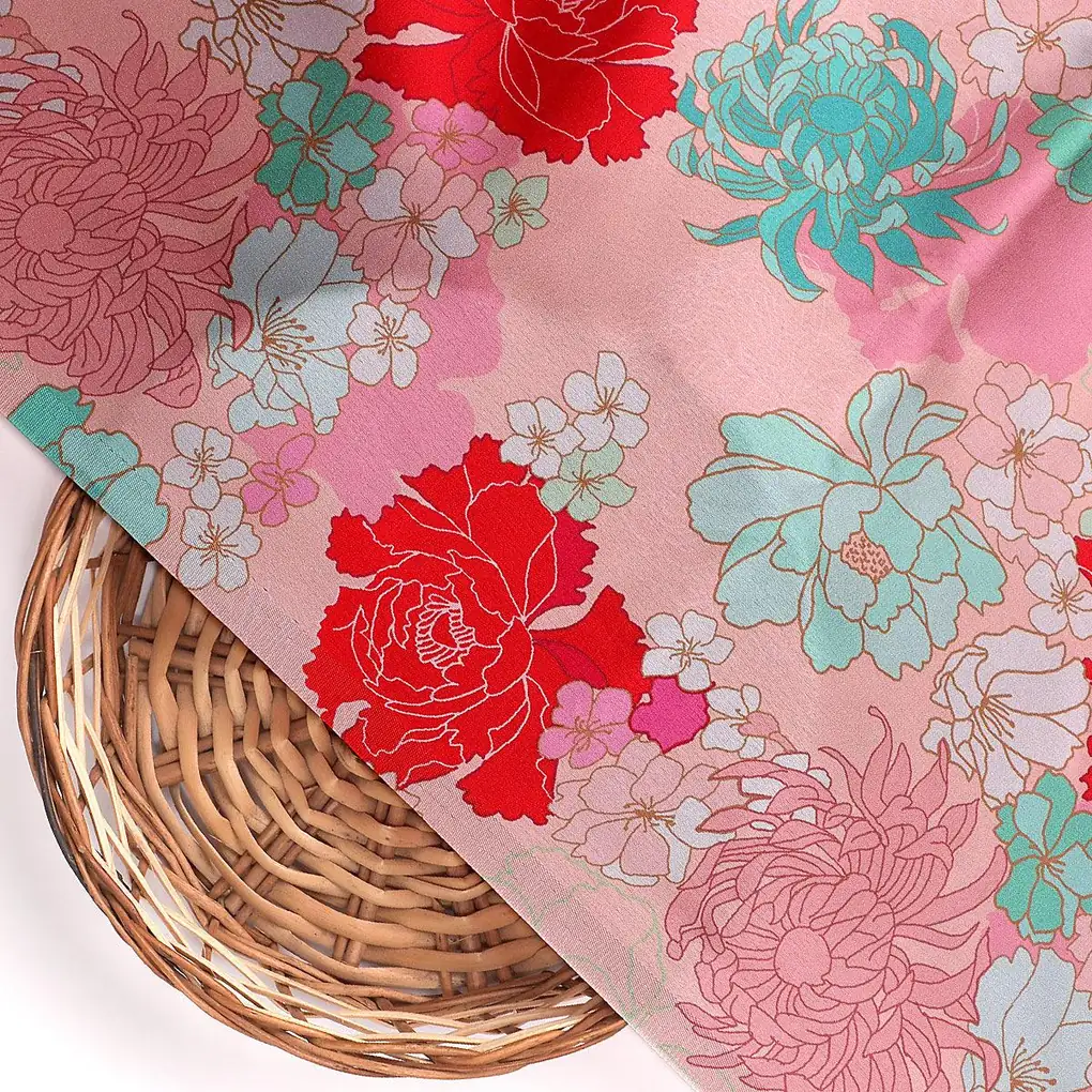 Seamless Red And Pista Roses With Geranium Flower Digital Printed Fabric - Japan Satin - Image 2