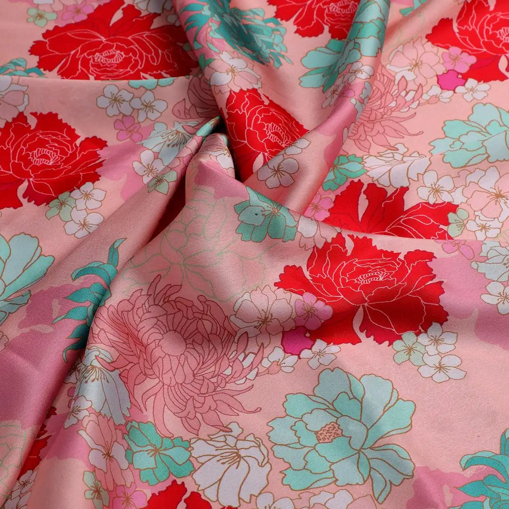 Seamless Red And Pista Roses With Geranium Flower Digital Printed Fabric - Japan Satin - Image 3