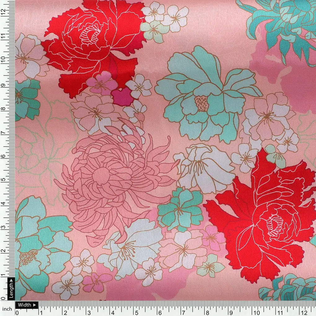 Seamless Red And Pista Roses With Geranium Flower Digital Printed Fabric - Japan Satin - Image 4