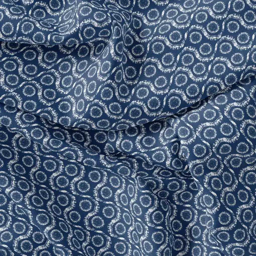 Seamless Vermicular Pattern With Blue Colour Digital Printed Fabric - Upada Silk - Image 3