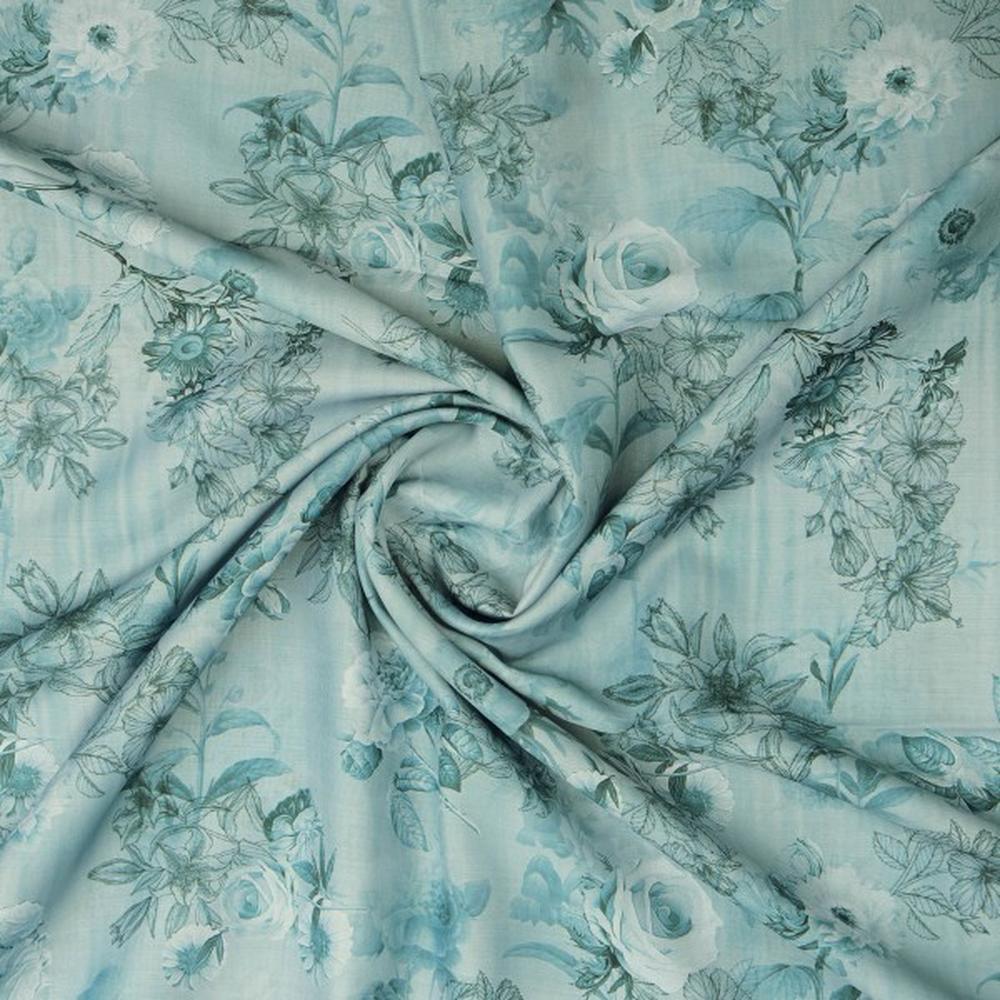 Serene Sea Green Floral Sketch Printed Muslin Fabric - Image 3