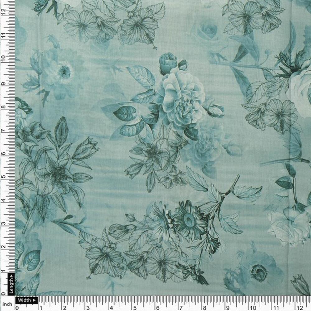 Serene Sea Green Floral Sketch Printed Muslin Fabric - Image 4