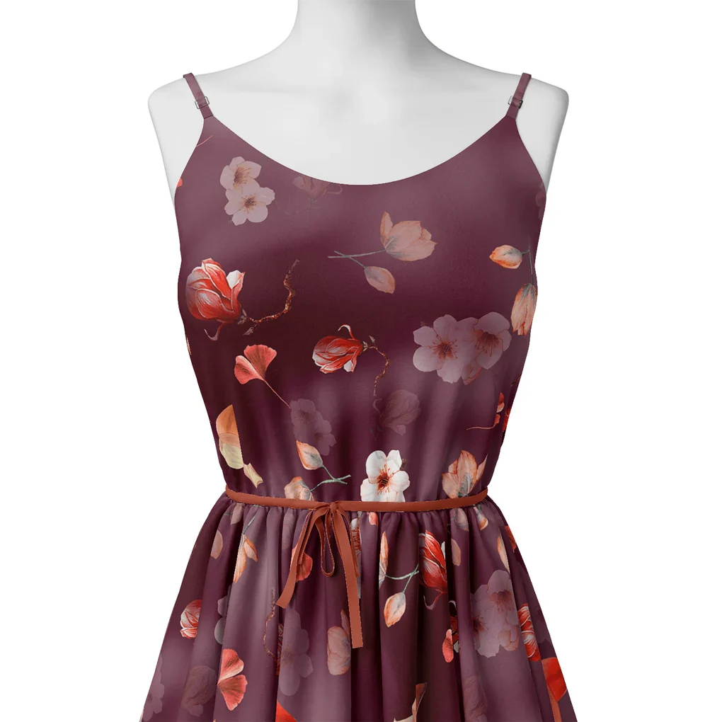Shiny Red Tulip With Cherry Blossom Flower Digital Printed Fabric - Image 2