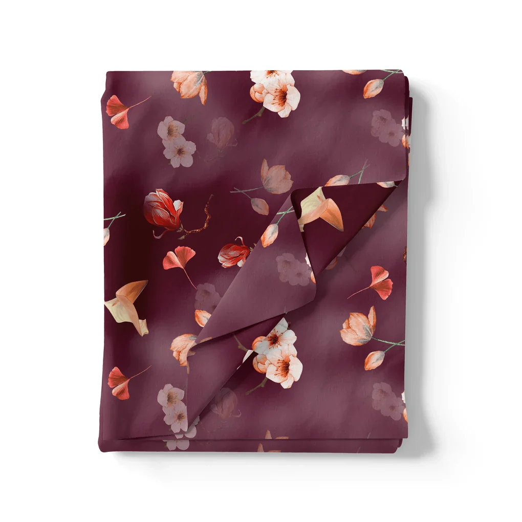 Shiny Red Tulip With Cherry Blossom Flower Digital Printed Fabric - Japan Satin - Image 3