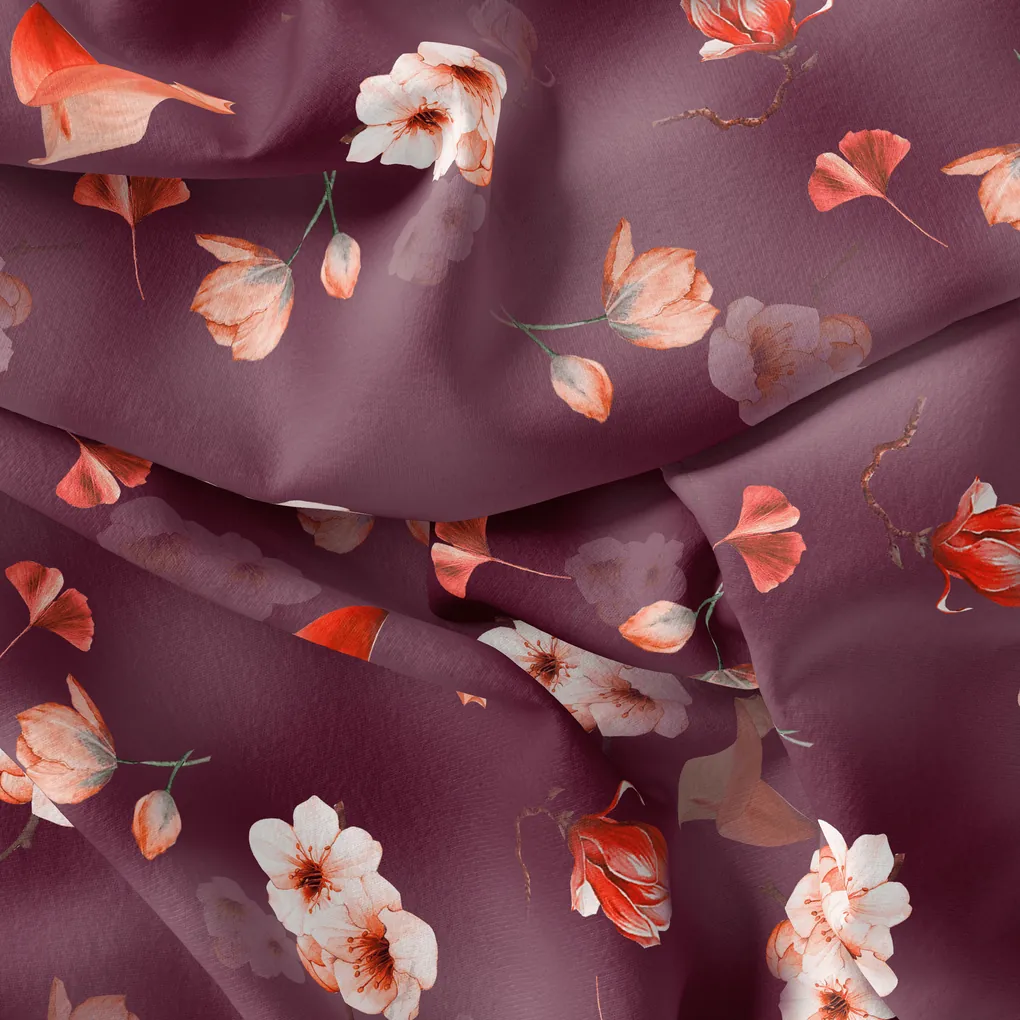 Shiny Red Tulip With Cherry Blossom Flower Digital Printed Fabric - Japan Satin - Image 4