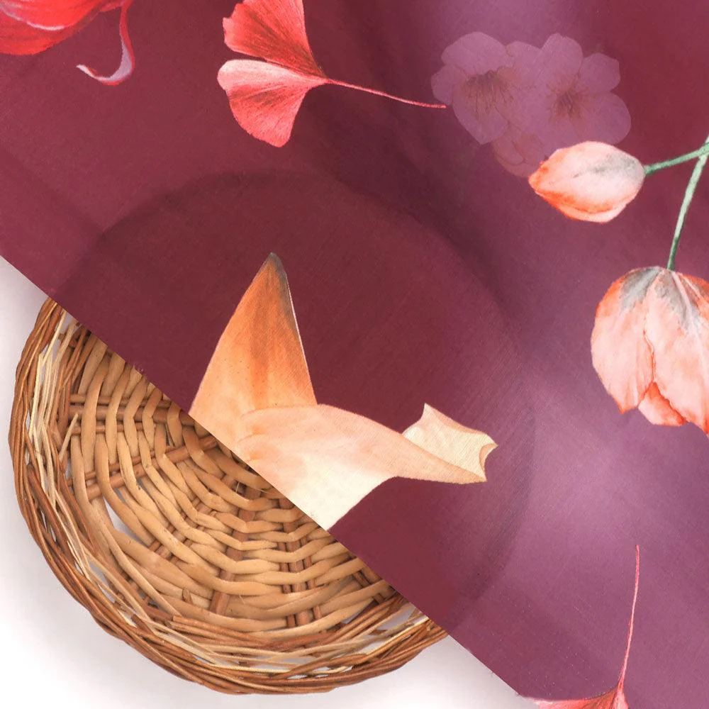 Shiny Red Tulip With Cherry Blossom Flower Digital Printed Fabric - Kora Silk - Image 2