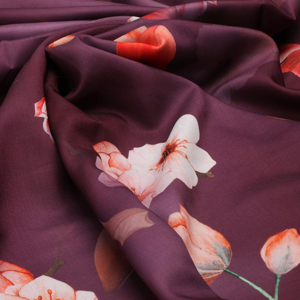Shiny Red Tulip With Cherry Blossom Flower Digital Printed Fabric - Kora Silk - Image 3