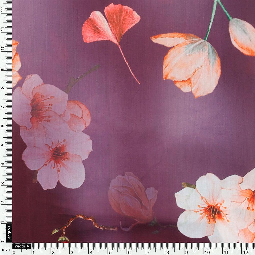 Shiny Red Tulip With Cherry Blossom Flower Digital Printed Fabric - Kora Silk - Image 4
