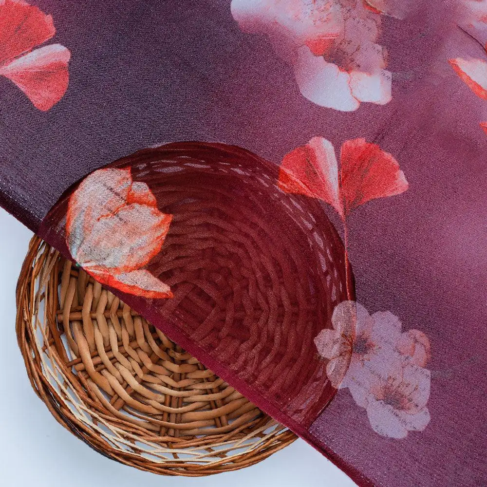 Shiny Red Tulip With Cherry Blossom Flower Digital Printed Fabric - Pure Georgette - Image 2
