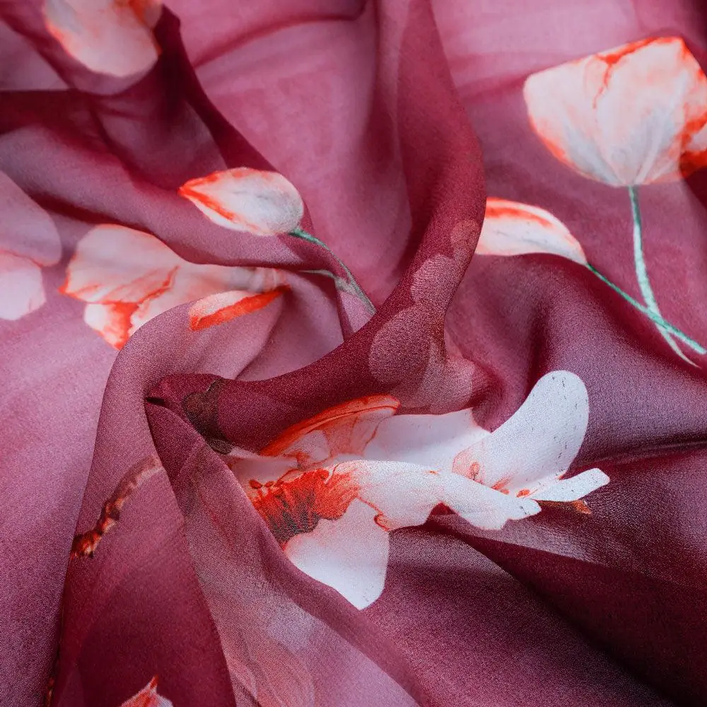 Shiny Red Tulip With Cherry Blossom Flower Digital Printed Fabric - Pure Georgette - Image 3