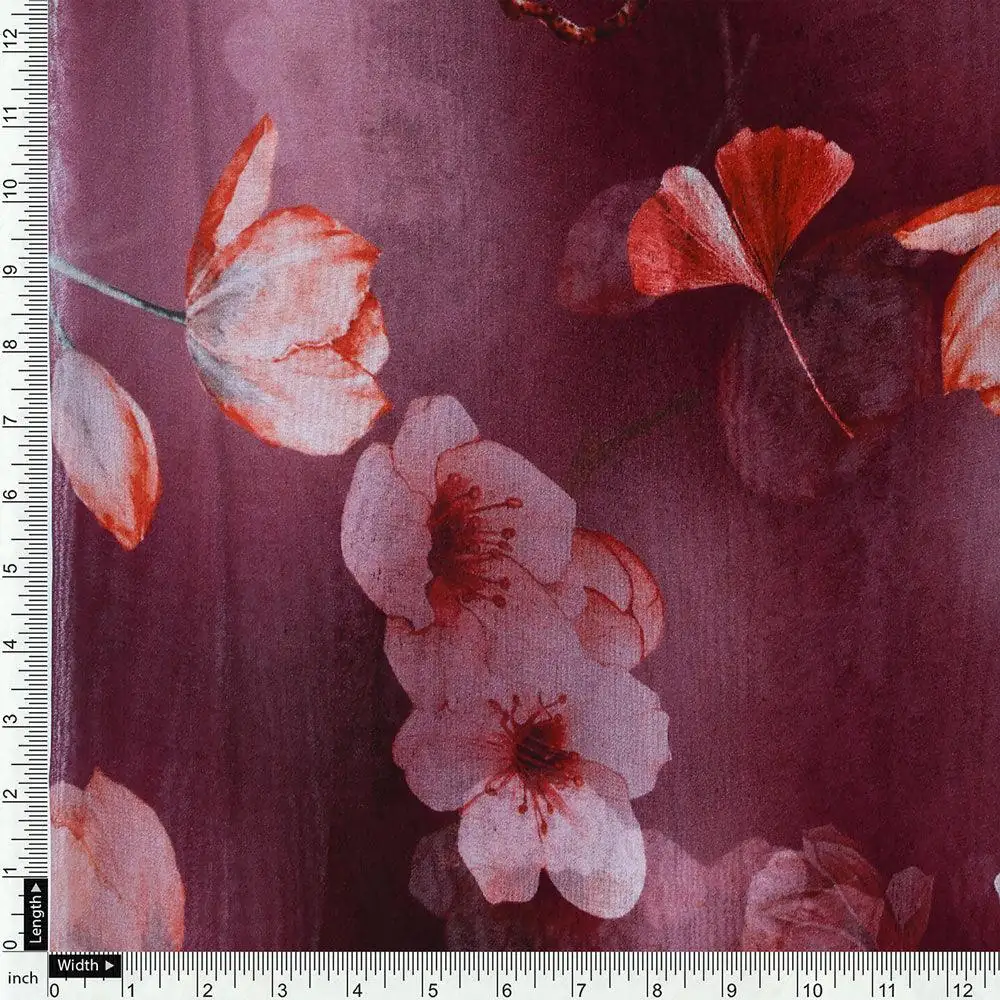 Shiny Red Tulip With Cherry Blossom Flower Digital Printed Fabric - Pure Georgette - Image 4
