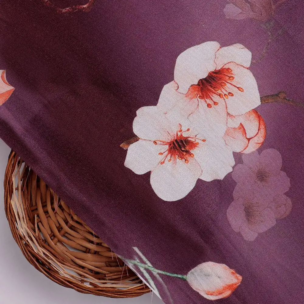 Shiny Red Tulip With Cherry Blossom Flower Digital Printed Fabric - Silk Crepe - Image 2