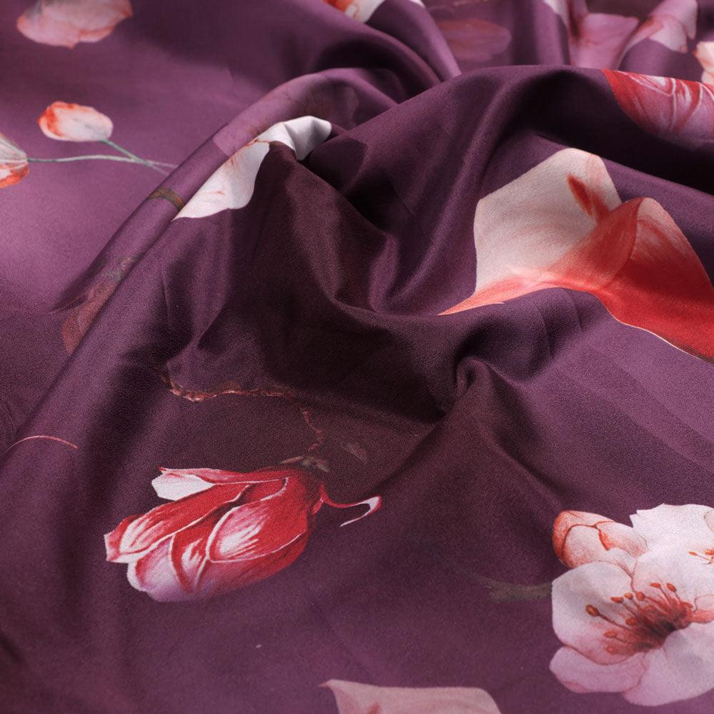 Shiny Red Tulip With Cherry Blossom Flower Digital Printed Fabric - Silk Crepe - Image 3