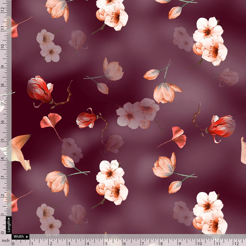 Shiny Red Tulip With Cherry Blossom Flower Digital Printed Fabric - Weightless - Image 5