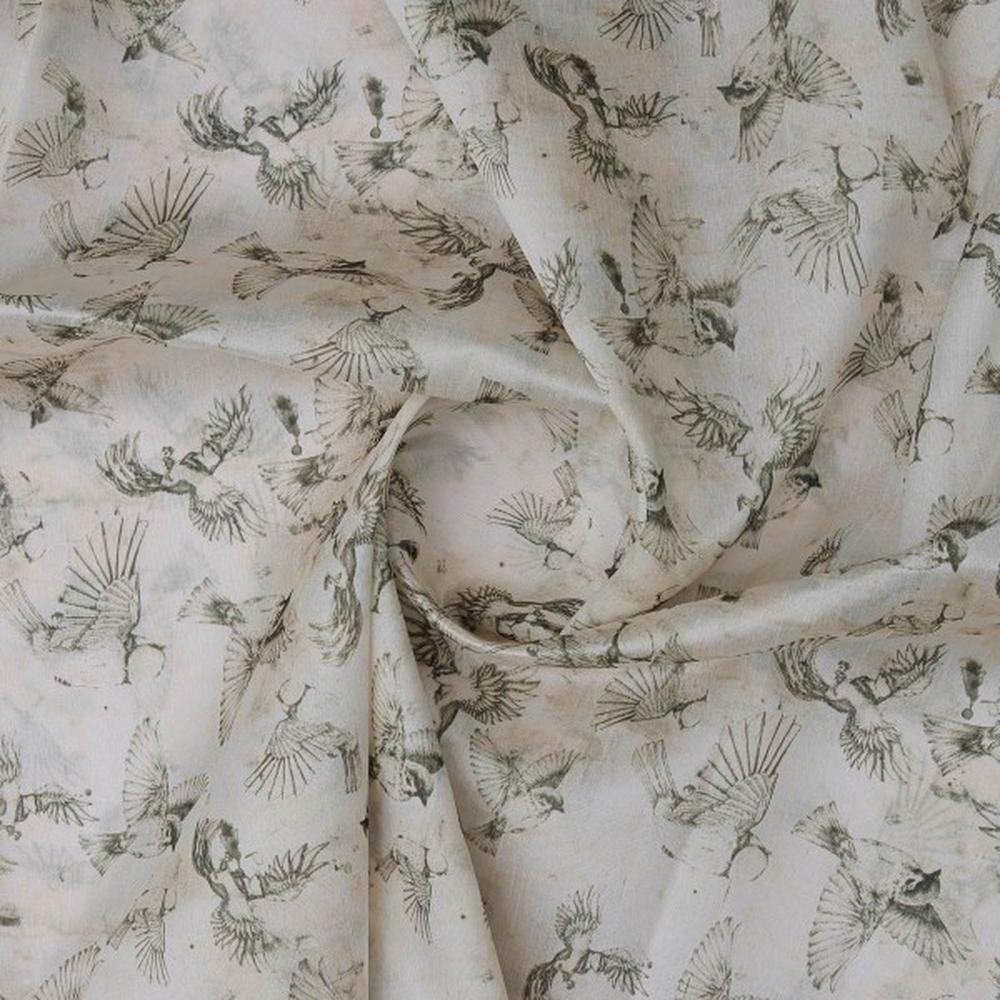 Sketch-style Flying Birds Printed Tusser Silk Fabric - Image 2