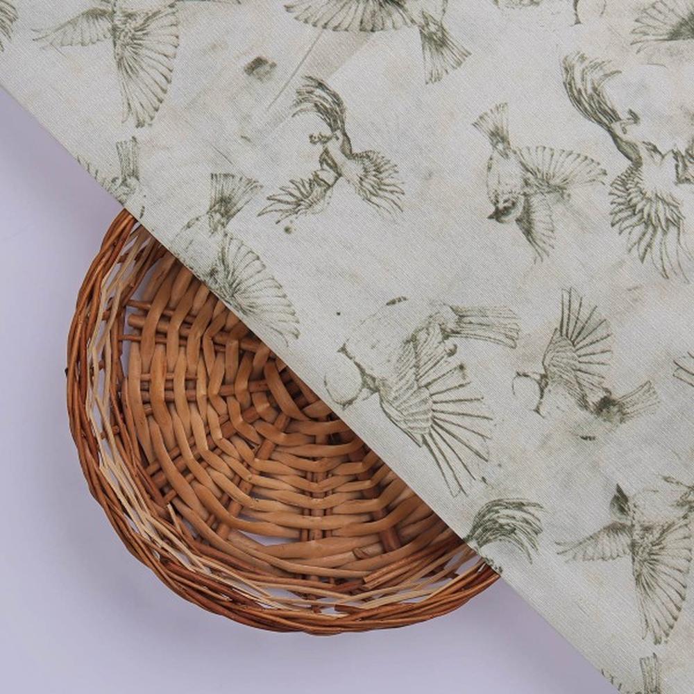 Sketch-style Flying Birds Printed Tusser Silk Fabric - Image 3