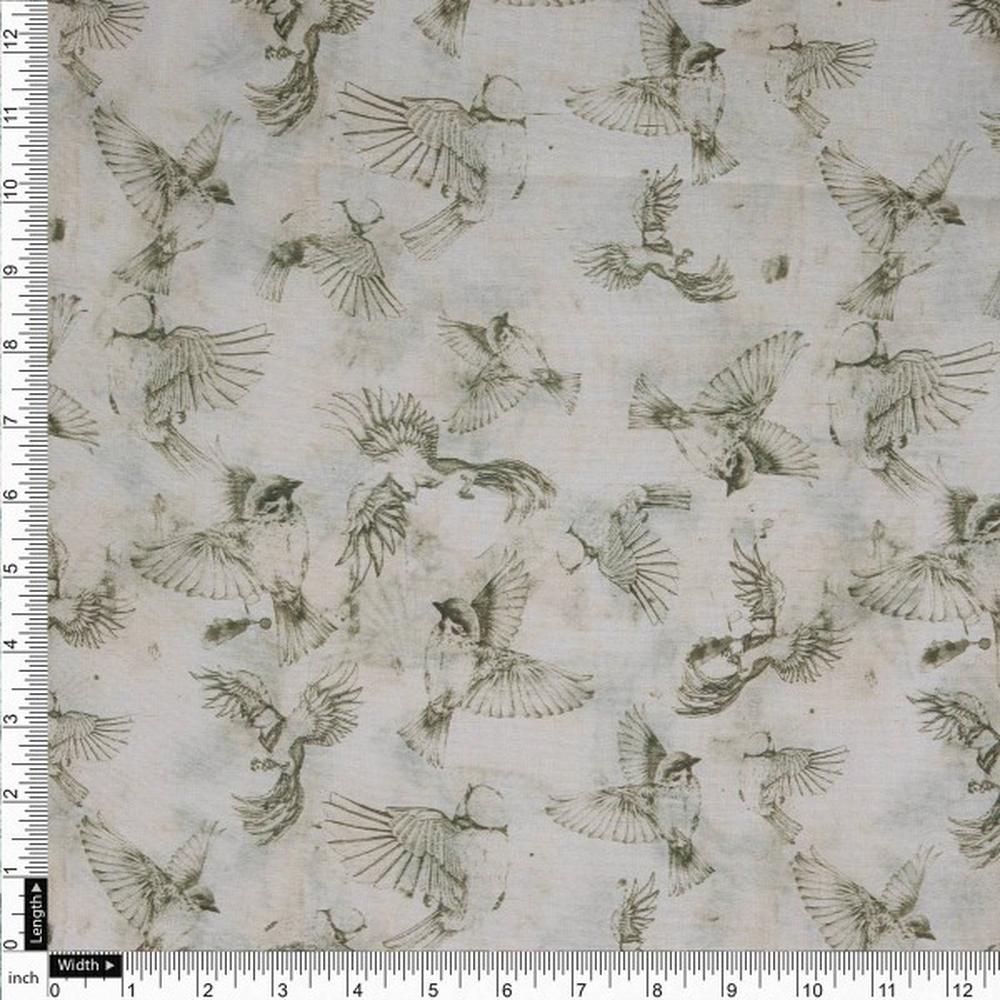 Sketch-style Flying Birds Printed Tusser Silk Fabric - Image 4