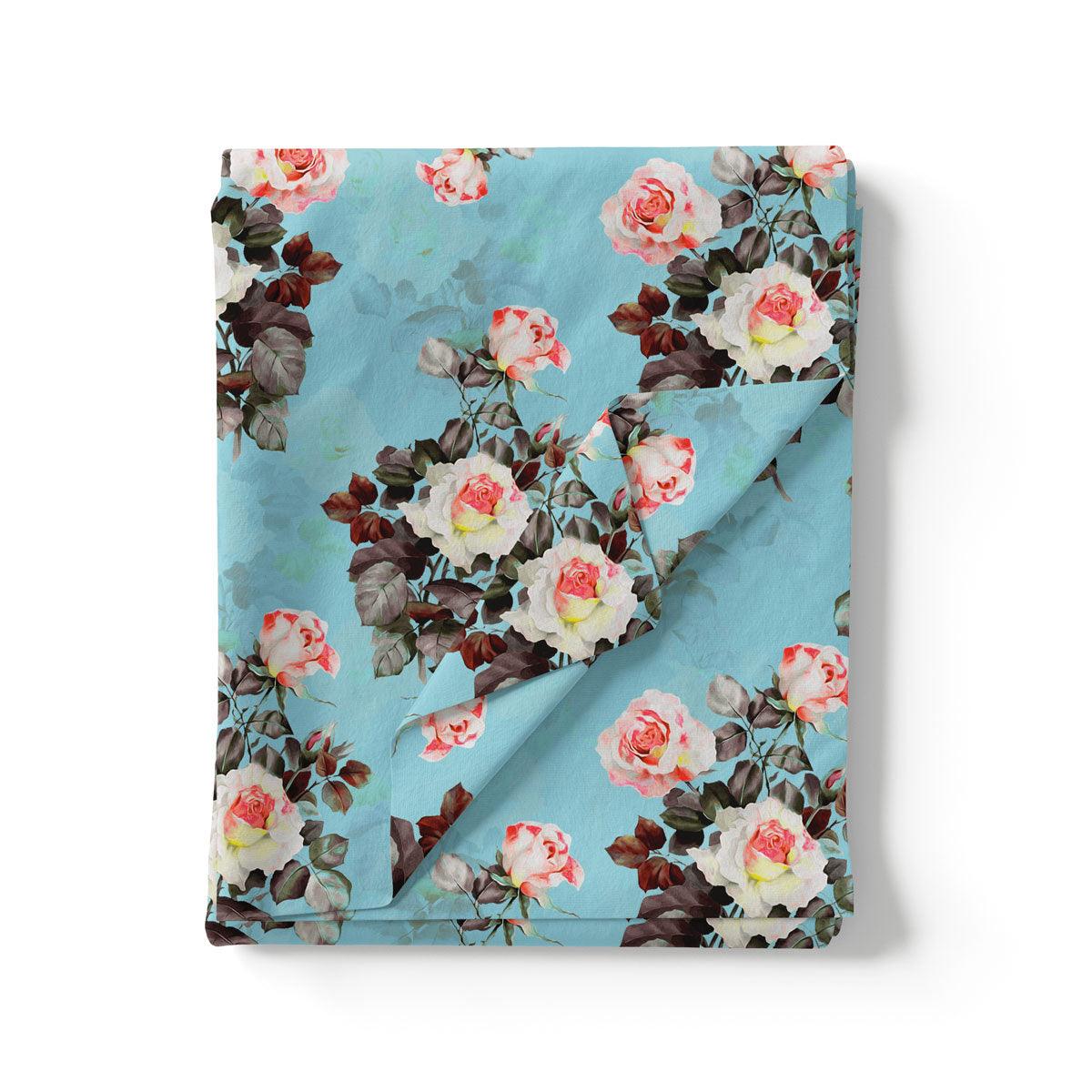 Sky Blue Flower Printed Japan Satin Fabric Material - Image 3