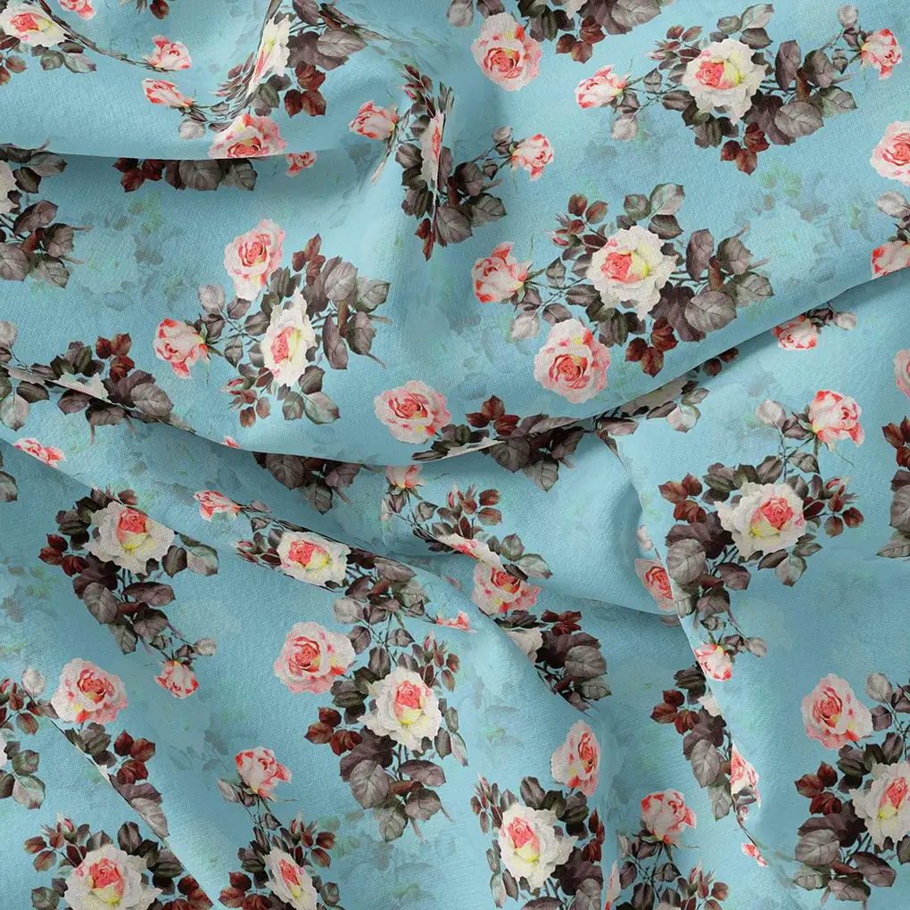 Sky Blue Flower Printed Japan Satin Fabric Material - Image 4