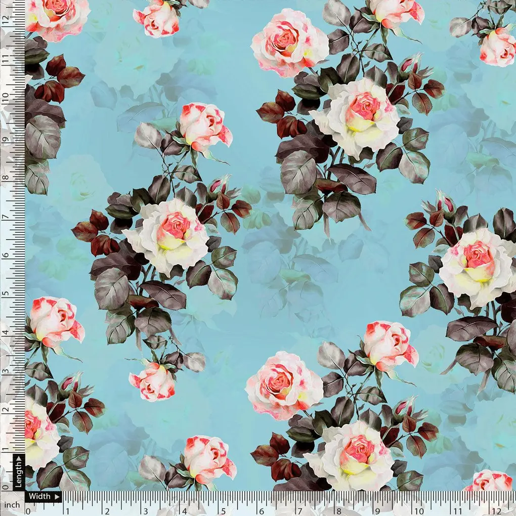 Sky Blue Flower Printed Japan Satin Fabric Material - Image 5