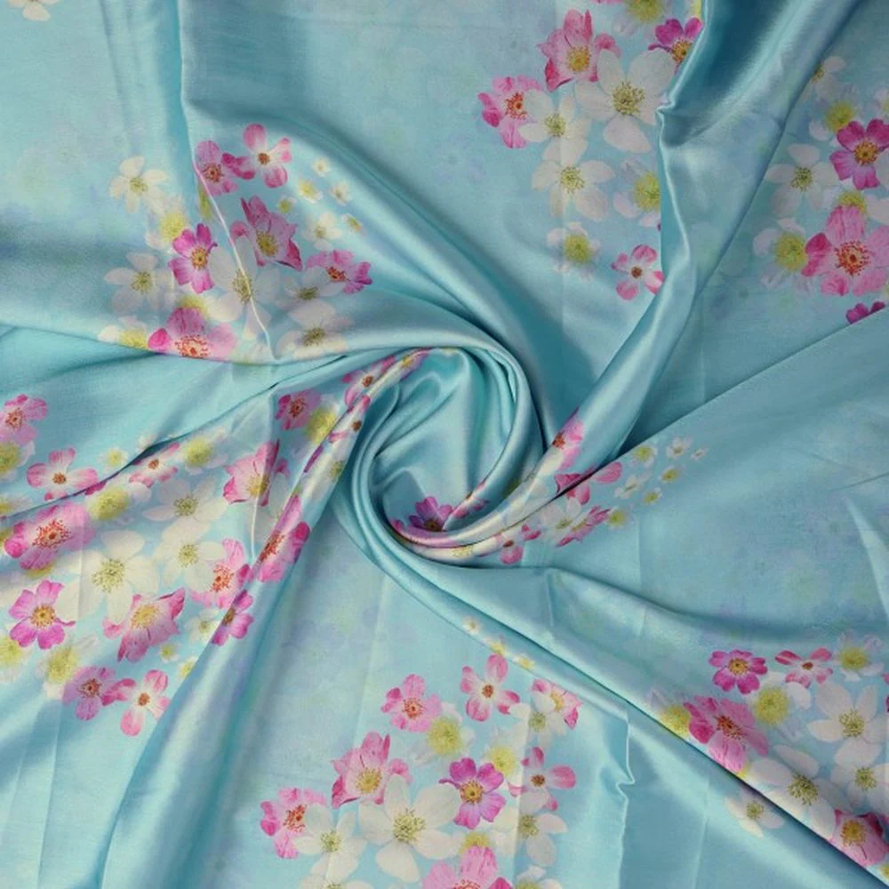 Sky Blue & Pink Blossom Printed Japan Satin Fabric - Image 2