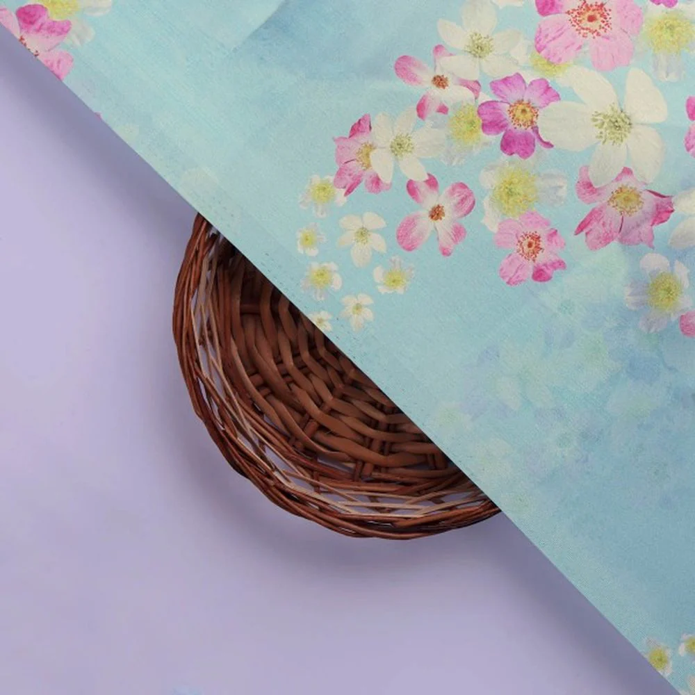 Sky Blue & Pink Blossom Printed Japan Satin Fabric - Image 3