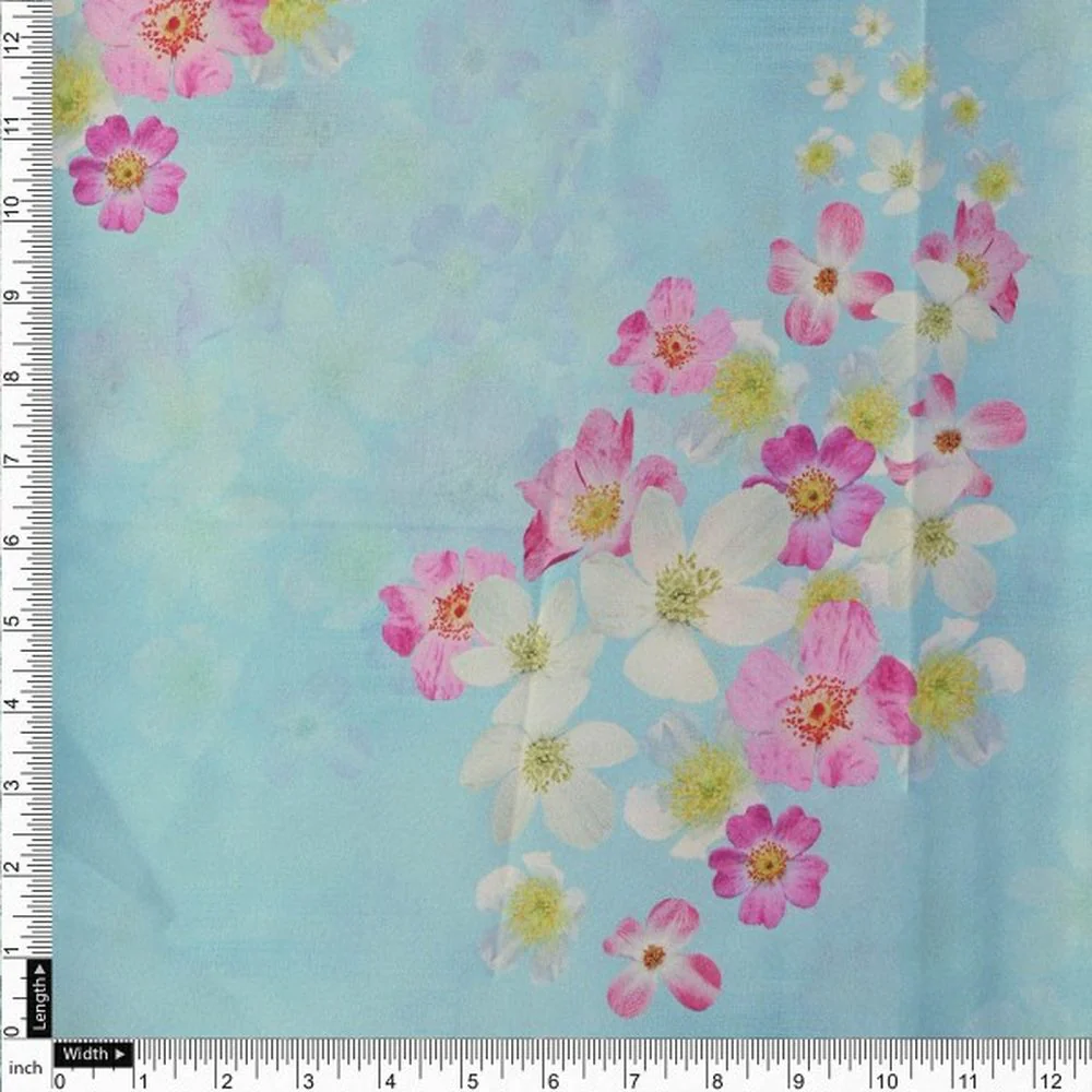Sky Blue & Pink Blossom Printed Japan Satin Fabric - Image 4