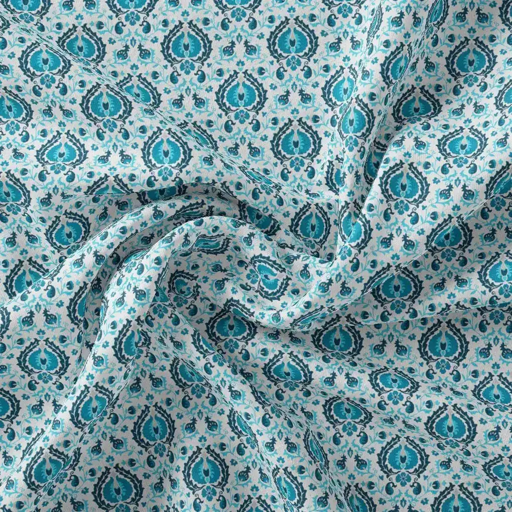Skyblue Tiny Stylized Motif Digital Printed Fabric  - Tusser Silk - Image 4