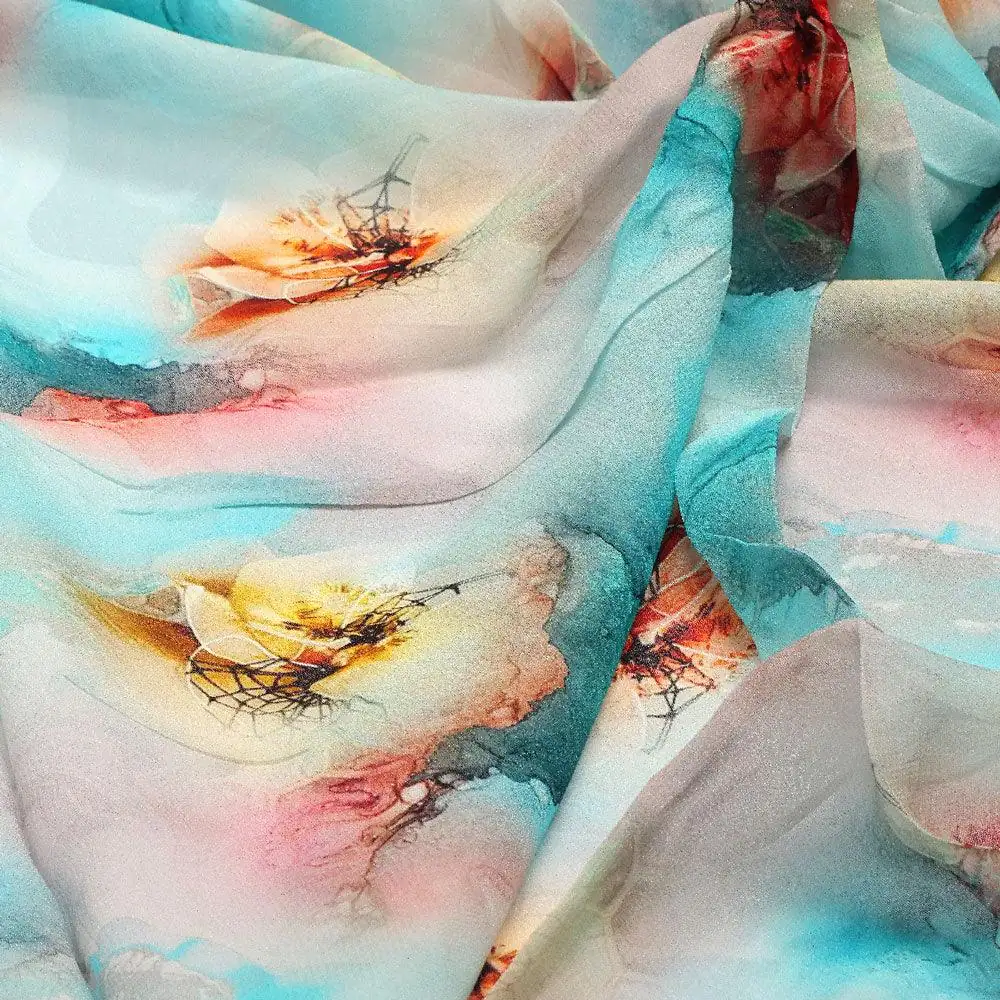 Skyblue Watercolor Pure Georgette Printed Fabric - Image 3