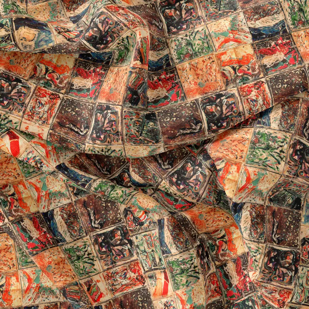 Square Hand paint Blocks Multicolour Digital Printed Fabric - Kora Silk - Image 3