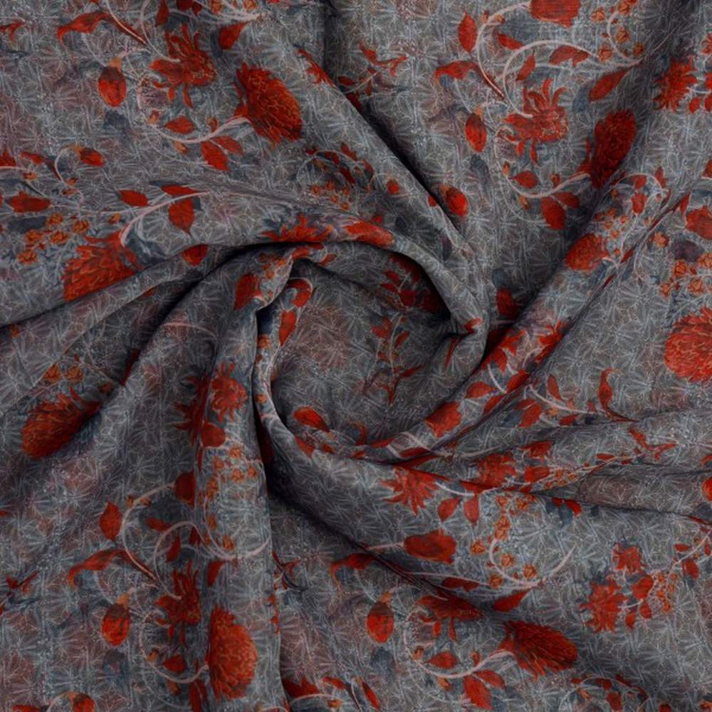 Steel Grey & Rust Red Floral Vine Organza Fabric - Image 2