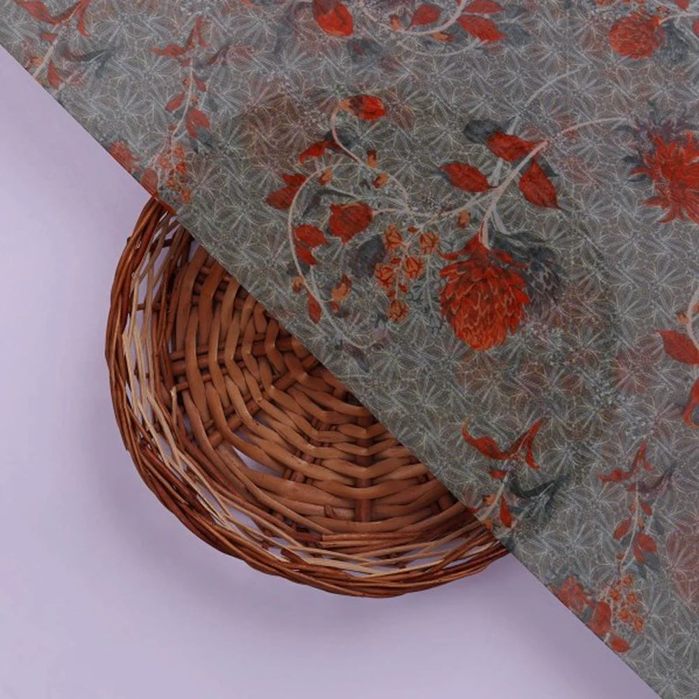 Steel Grey & Rust Red Floral Vine Organza Fabric - Image 3