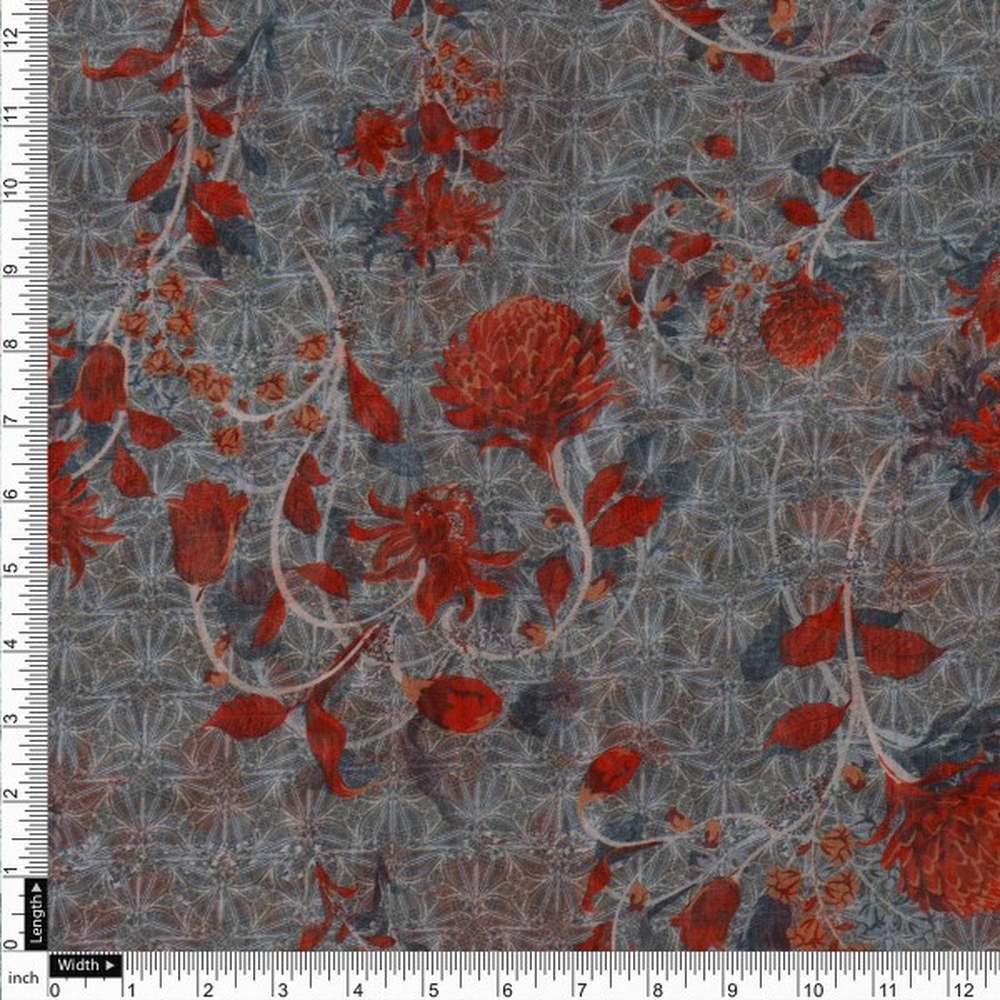 Steel Grey & Rust Red Floral Vine Organza Fabric - Image 4