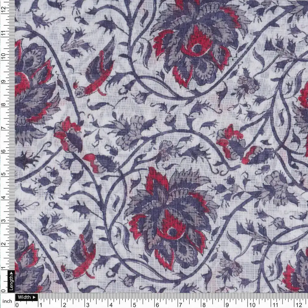 Stunning Floral Velly in Vibrant Red, Purple, and White on Kota Doria Fabric Material - Image 4