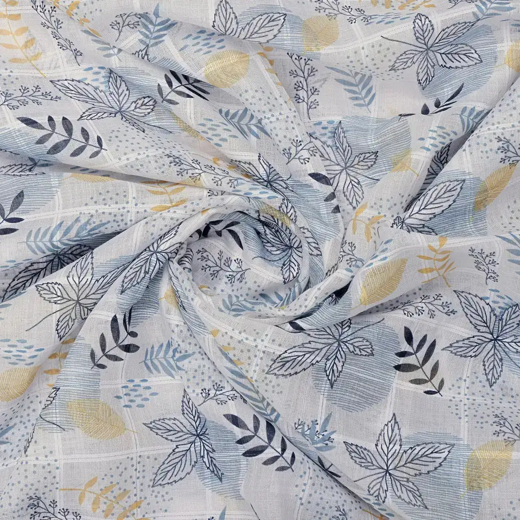 Stunning Linen Fabric Adorned with Vibrant Feathers and Leaves - Image 3